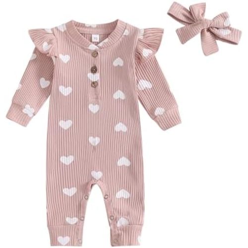 Newborn Baby Girl Valentine Outfits Long Sleeve One Pieces Romper Bodysuit Heart Print Cotton Linen Romper