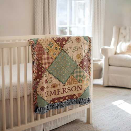 Personalized Floral Baby Blanket Baby Name Blanket Patchwork Inspired Grandmillennial Floral Patchwork Woven Cotton Blanket Baby Shower Gift