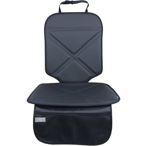 Car Seat Protector Leather Waterproof Child Safety Seat Protector Cover with Thick Pad and 2 Large Pockets Durable Kick Mat for All Auto Seat (Black) - black
