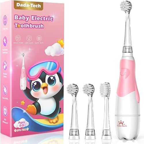 DADA-TECH Toddler Electric Toothbrush Kids Age 1-2-3 Years Old, Baby Electric Toothbrush with LED Light 2 Minutes Timer 4 Vibrating Heads for Infants Toothbrush 6 to 12 Months and Up (Pink Penguin‌‌)