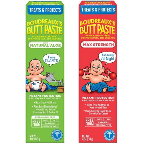 Boudreaux's Butt Paste Diaper Rash Ointment Variety Pack (1-4 oz Maximum Strength, 1-4 oz Natural Aloe)