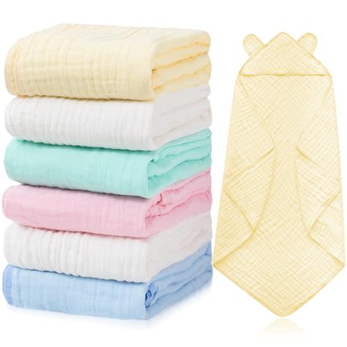 Preboun 6 Pcs Muslin Baby Bath Towel with Hood 6 Layers Cute Hooded Baby Towels Cotton Absorbent Baby Hooded Towel for Newborn Kids Girl Infant Boys Toddler Shower Gift Supplies (Multicolor)