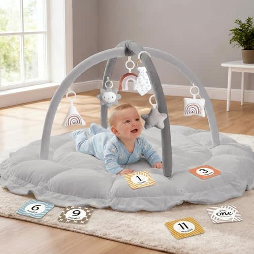 5-in-1 Thick & Plush Baby Play Gym, Baby Play Mats for Floor, Tummy Time Mat with 6 Toys, Convertible Stage-Based Developmental from Babies to Toddlers, Ball Pit, Grey