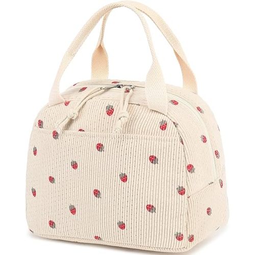 Bluboon Lunch Bag for Women Men Cute Corduroy Lunch Tote Bags Reusable Insulated Lunch Box Large Capacity Reusable Insulated Cooler for Work Picnic or Travel (Corduroy strawberry)