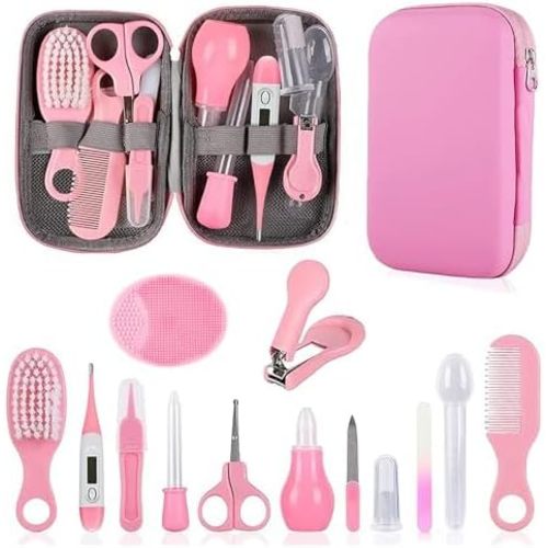 Baby Grooming Kit, Infant Safety Care Set with Hair Brush Comb Nail Clipper Nasal Aspirator,Baby Essentials Kit for Newborn Girls Boys (Pink Baby Grooming kit)