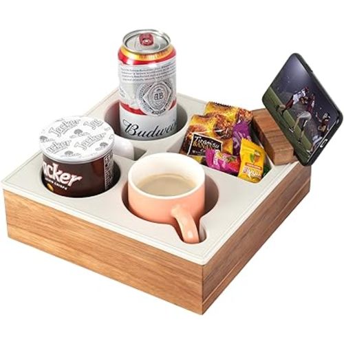 Couch Cup Holder Tray, Hitseon Handy Soft Silicone Acacia Wooden Couch Caddy for Bed Car Seat Beach Organizer, Waterproof Anti-Spill Sofa Cup Holder for Snacks Beverage Remote (White)