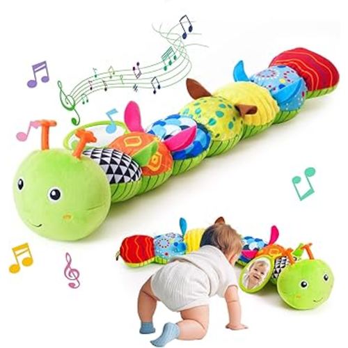 Baby Toys 0-6 Month, Musical Caterpillar Baby Rattle, Plush Sensory Toy with Mirror, Crinkle Textures, Newborn Developmental Tummy Time Stuffed Animal for Infants Boys Girls 6-12 Months (Green)