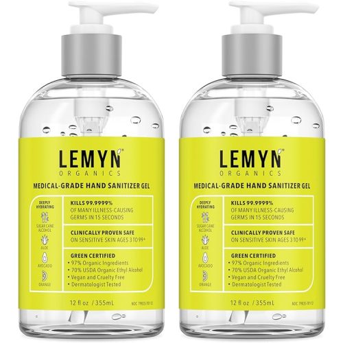 Lemyn Organics Medical‑Grade Hand Sanitizer Gel – 97 % Organic | 70 % USP Ethyl Alcohol | Moisturizing Aloe + Hyaluronic Acid | Freshly Made in USA | 12oz Bottle with Pump (PACK OF 2)
