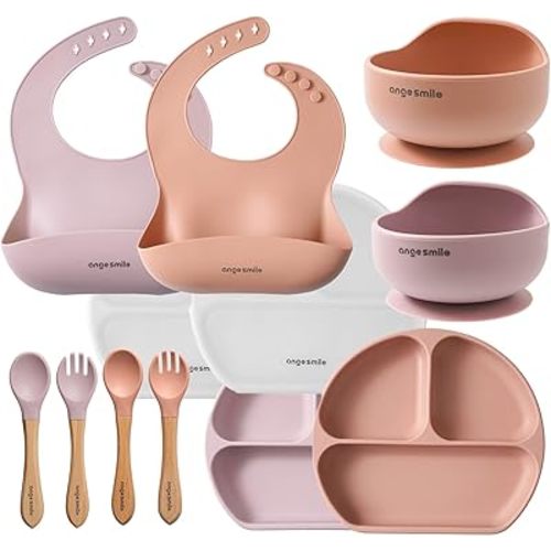 Baby Feeding Essentials Silicone Ange Smile 12 Set Bib, Baby Bowl, Suction Plate, Spoon, Fork Eating Utensils for 6+ Months Kids Toddler Kawaii Pink Peach