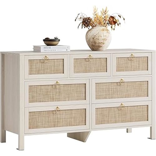 SICOTAS White Rattan Dresser for Bedroom with 7 Drawers - 51" Wide Large Closet Clothes Storage Organizer, Chest of Drawers with Golden Handles - Dresser TV Stand for Bedroom, Living Room, Hallway