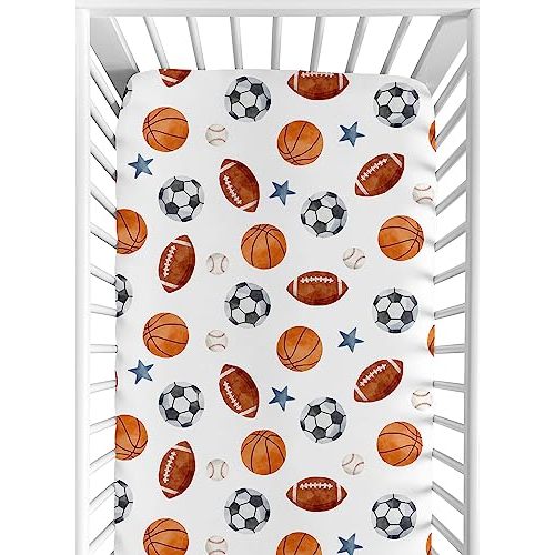 Sweet Jojo Designs Sports Theme Boy Baby Fitted Crib Sheet Infant Newborn Nursery Toddler Bed Room Standard Mattress Watercolor Vintage Sport Themed Soccer Balls Football Baseball Basketball Blue Star