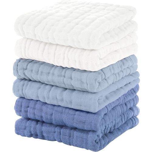 Muslin Baby Washcloths 6 Pack, 100% Cotton Wash Cloths for Babies, Large 12''X12'' Burp Cloths Absorbent and Soft for Newborn Infants Kids Boys Girls - Gradient Blue