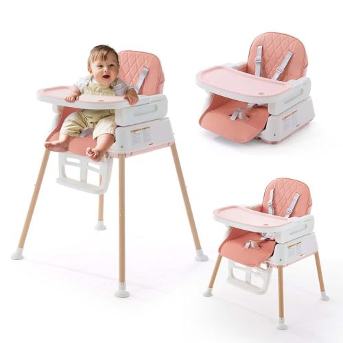 3 in 1 Baby High Chair, Portable High Chairs for Babies and Toddlers, Adjustable Convertible Infant Baby Feeding Chair Booster for Eating with Detachable Double Tray, 5 Point Harness, Footrest Pink