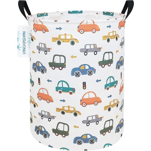 LANGYASHAN Laundry Basket Canvas Fabric Collapsible Organizer Basket for Storage Bin Toy Bins Gift Baskets Bedroom Clothes Children Nursery Hamper (Round Color Cars)