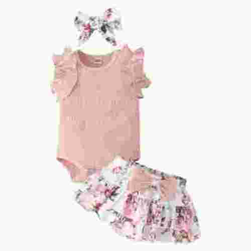 TOWED22 Baby Girl Newborn Clothes Summer Printed Romper Onesie Plaid Shorts Bloomers Headband Summer Outfits(Pink,6-9 M)