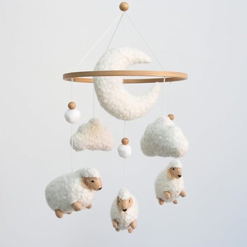 Sheep Baby Mobile for Crib, Cloud Baby Crib Mobile for Girls & Boys, Neutral Crib Toys Hanging, Lamb Baby Mobile for Bassinet, Nursery Decor - Creamy White