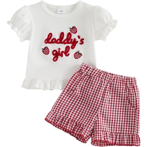 fhutpw Toddler Baby Girls Summer Clothes Smocked Short Sleeve T-Shirt Tops Ruffled Plaid Short Sets Cute Outfits 2Pcs
