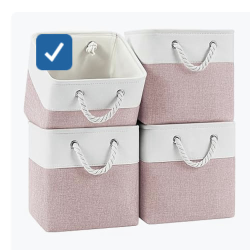 11x11 Cube Storage Bins, 4 Pack Foldable Fabric Organizer Bins with Rope Handles, Storage Cubes for Organizing Bedroom, Living Room, Clothes and Toys, Shelves and Closet (White & Pink)