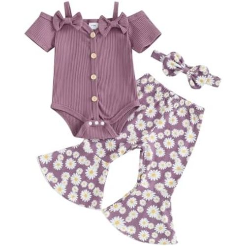 fhutpw Newborn Baby Girl Clothes Rib Frill Long Sleeve Romper Daisy Flared Pants Headband Set 3pcs Fall Winter Outfits