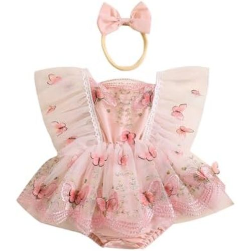 Hnyenmcko Newborn Baby Girl Lace Romper Dress Fly Sleeve Floral Embroidery Tutu Dress Headband Infant Summer Outfits