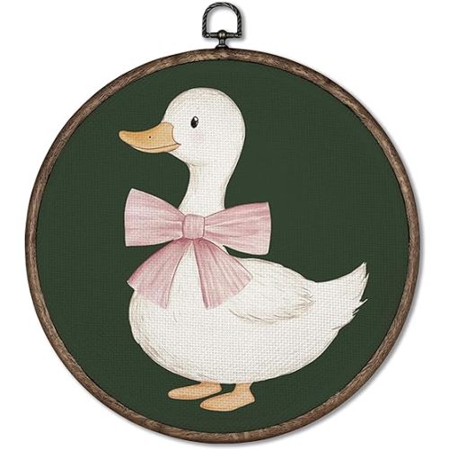 GWFSJYU Cute Duck Framed Wall Art, Duck Nursery Decor, Vintage Duck Round Canvas Prints Wall Art, Girly Bow Duck Wall Hanging Decor For Bathroom Bedroom Girls Room, 10x10inch