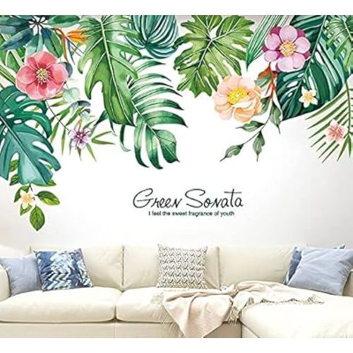 Tropical Leaves Wall Decals Removable Jungle Green Palms Tree Plant Flower Wall Stickers for Living Room Kids Room Bedroom Playroom Decor