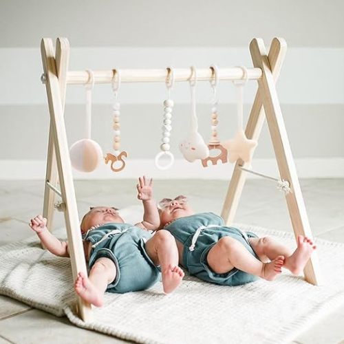 Wooden Baby Gym with 6 Gym Toys, Foldable Baby Play Gym, Natural Pine Wood Play Gym, Frame Activity Center Hanging Bar Newborn Gift Grey, Newborn Gift for Baby Girl and Boy - wooden play gym