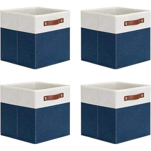 DULLEMELO Fabric Bins for Cube 11x11, Gift Baskets Empty for Boy Girl Mother Father Christmas Festival,Fabric Storage Bins Cube Organizer Baskets With Leather Handles(White&Blue)