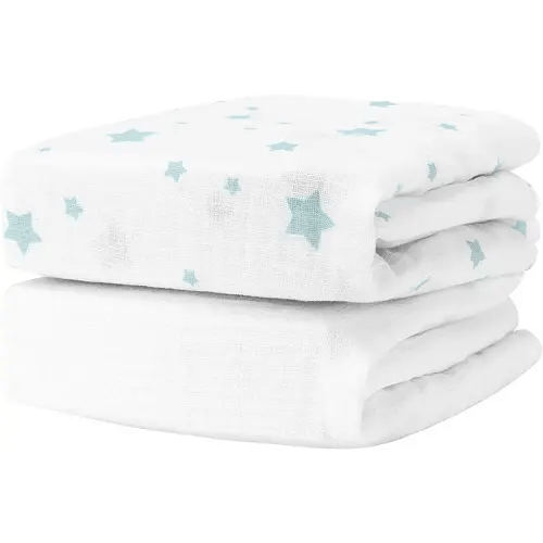 Newton Baby Organic Fitted Crib Sheets (2-Pack) - Ultra Breathable and Soft, 100% Organic Muslin Cotton, Stardust in Moonstone Mist & Solid White, Fits Standard Cribs