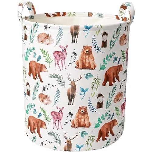 Kids Laundry Basket Waterproof Woodland Animals Baby Laundry Hamper Child Toy Organizer Storage Bedroom Nursery Hamper for Boys or Girls Bedroom Deco (White)