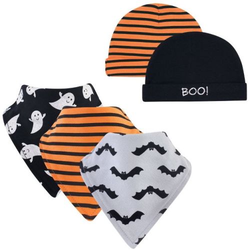 Hudson Baby Infant Boy Cotton Bib And Caps Set 5pk, Ghost, One Size