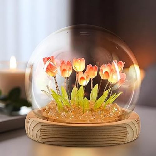 ONXE Mothers Day Gifts for Mom from Daughter, Tulip Night Light Glass Flower Lamp with Wooden Base for Home Decor Unique Romantic Birthday Gifts for Women