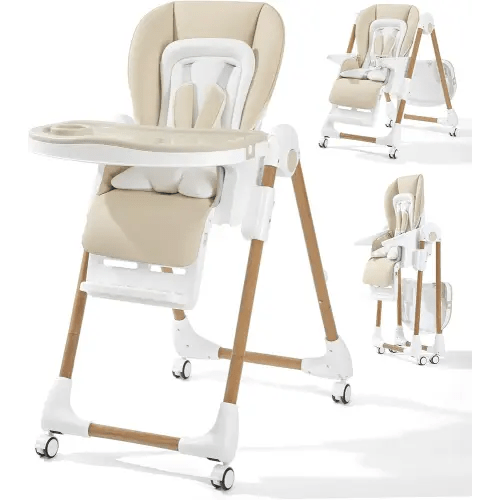 Mallify Foldable High Chairs for Babies and Toddlers, 3-in-1 Convertible Baby High Chair with Removable Soft Cushion and Tray, Adjustable Height & Recline, Lockable Wheels, Cream