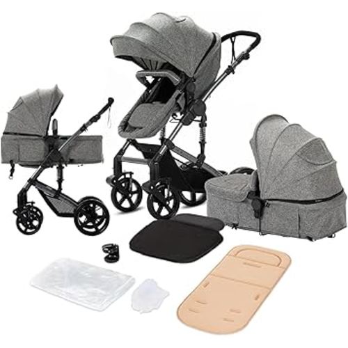 2 in 1 Baby Stroller with Bassinet, Reversible Newborn Foldable Pram, Infant High Landscape Pushchair, Portable Standard Stroller, Reclining Buggy, Baby Carriage (2US588-Grey)