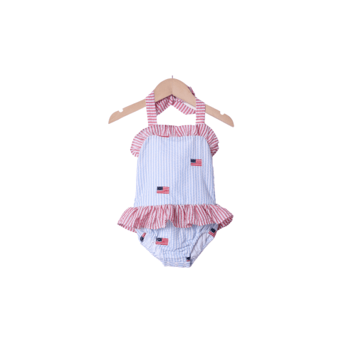 Embroidered Flag Seersucker Ruffle Swimsuit