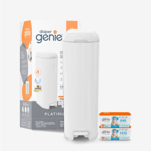 Diaper Genie Platinum Diaper Pail Gift Set | Hands-Free Odor Control with Foot Pedal | Stainless Steel Baby Diaper Pail | Includes 2 Easy Roll Refills 48 Bags Total | Baby Registry Must-Have