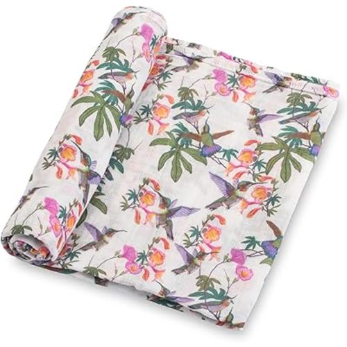LollyBanks Baby Swaddle Blanket, 100% Cotton Muslin Blankets for Girls, 47 x 47 Inches Soft and Breathable Swaddles for Newborn, Gentle Baby Wrap Swaddle, Baby Essentials, Registry (Hummingbird Print)