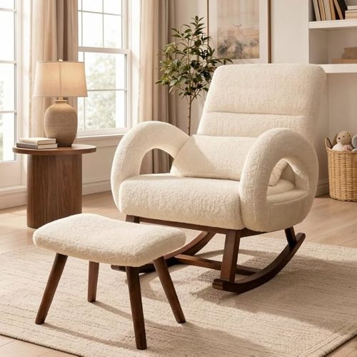 COMHOMA Rocking Chair Nursery with Ottoman,Boucle Teddy Fabric Glider Rocker with High Backrest&Lumber Pillow,Modern Upholstered Accent Armchair with Solid Wood Legs (Beige, Boucle)