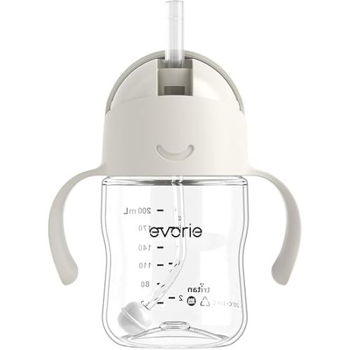 Evorie Tritan Weighted Straw Sippy Cup with Handles for Baby and Toddlers, Spill Proof Baby Water Bottle with Straw for 6 months and up, 7 Oz, Infant Training Water Bottle (Cream Beige)