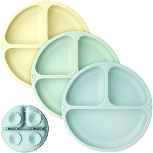 KeaBabies Suction Plates for Baby, Toddler - 3-Pack 100% Silicone Toddler Plates, Divided Baby Plates with Suction, Silicone Plates for Baby, Kids, BPA-Free, Microwave, Dishwasher Safe (Pastel Sky)