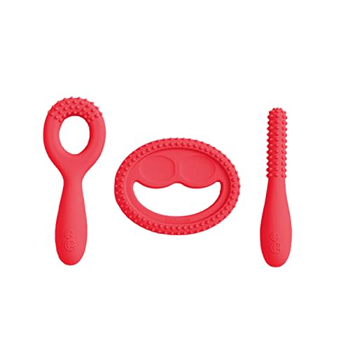 ezpz Oral Development Tools - 3 Months+ (3 Pack in Coral) - Non-Slip Loop, Smile and Stick, 100% Silicone Tools to Practice Feeding + Chewing - Sensory Bumps - Dishwasher Safe