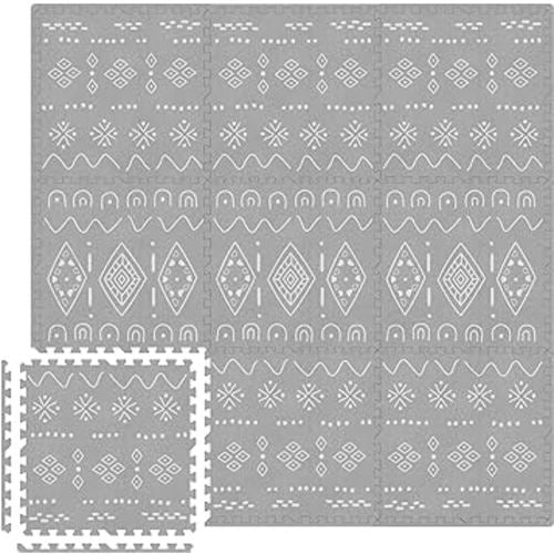 MOON WALKERS Stylish Boho Baby Play Mats for Floor,(6x6ft) Play Mat for Babies and Toddlers, Non-Toxic, Soft, Thick, Tummy Time Mat for Crawling (Extra Large 9 Tiles, Grey Boho)