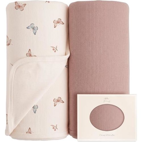 Konssy Ribbed Knit Baby Blankets 2 Pack, Stretchy Lightweight Swaddle Blanket for Boys & Girls, Soft Cozy Receiving Wrap for Newborns, Infants, & Toddlers, 33x42 Inch