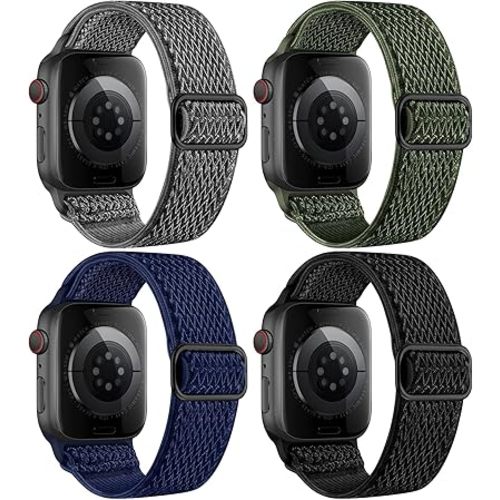 4 Pack Stretchy Nylon Band Compatible with Apple Watch Bands for Men Women 44mm 40mm 41mm 42mm 45mm 46mm 49mm 38mm, Braided Solo Loop Elastic Strap for iWatch Ultra 3 2 Series 11 10 9 8 7 6 5 4 SE 3