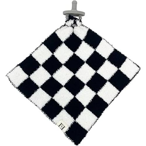 Checkered Baby Lovey Pacifier Holder 10"x10" - Cuddly Soft Knitted Soothie Reversible Mini Comfort Blanket - Newborn Gift Essential for Babies Boys and Girls (Black/White)