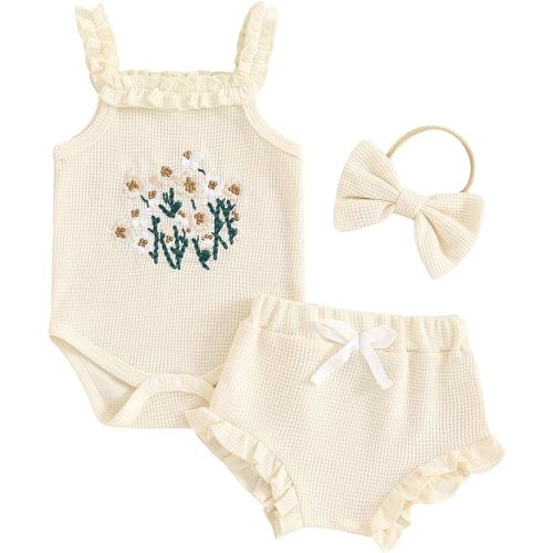 Kavousa Newborn Baby Girl Summer Clothes Floral Embroidery Hater Romper Bloomers Shorts Set Headband Cute Baby Girl Outfit