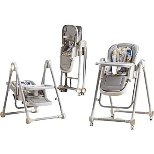 Multi Functional All in 1 Baby High Chair Reclining Foldable Rocking 8 Level Height Adjustment Eco Friendly Washable PU Cushion Ultimate Baby Feeding Chair (Gray)