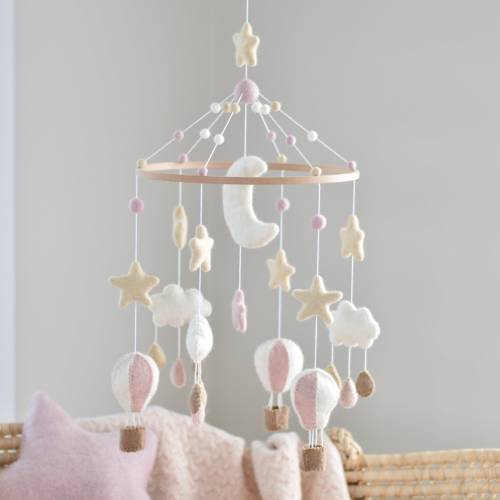 Pink Hot Air Balloon Baby Mobile, Cloud Nursery Mobile, Neutral Crib Air Balloon Mobile, Cloud Felt Baby Mobiles, Baby Shower Gift Girl