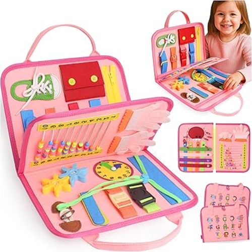 Montessori - Libro de mesa para niños pequeños, actividades sensoriales y aprendizaje preescolar, juguete para el hogar, avión y viaje en coche (rosa)