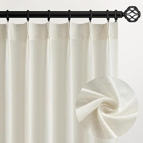Pinch Pleated 92 Inch Curtains 2 Panels for Living Room Natural Linen Curtains 92 Inches Long Pinch Pleat Drapes for Track System Light Filtering Semi Sheer Curtains for Living Room Bedroom,Brich